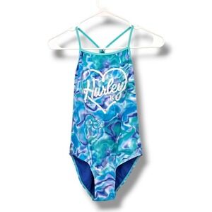 Hurley Girls' Swimsuit One Piece Blue Marble‎ Heart Logo Size 10/12